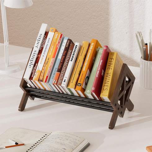 Desktop Bookshelf Organizer, Wood Office Tabletop Book Storage Rack, Tilting Bookcase for Books/CDs/Magazine Display