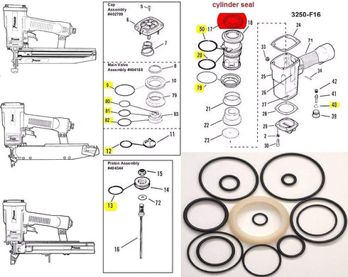 O-Ring Rebuild Kit for Paslode 3250 F16 Finish Nailer With Cylinder Seal 402725