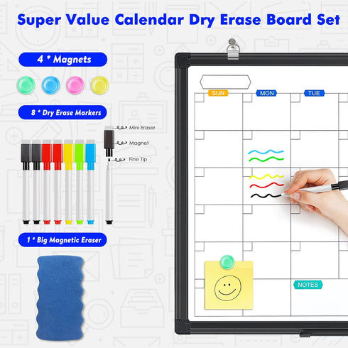 TRIPOLLO Dry Erase Calendar Whiteboard for Wall, 24" x 18" Magnetic Monthly Calendar with Black Aluminum Frame