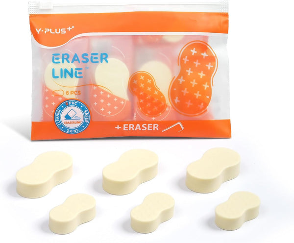 Yplus Eraser Line - Cute White Rubber Pencil Erasers for Kids, Artist No Residues, 6 Pcs for School Office