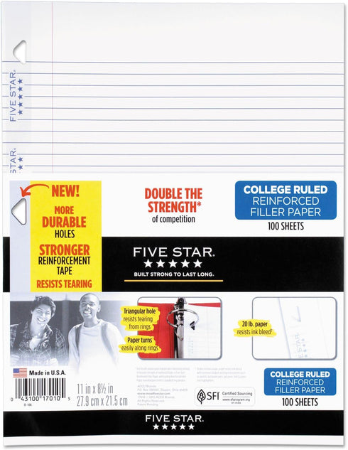 Five Star Loose Leaf Paper + Study App - College Ruled Filler Paper, 100 Sheets, 8.5 x 11 (17010)