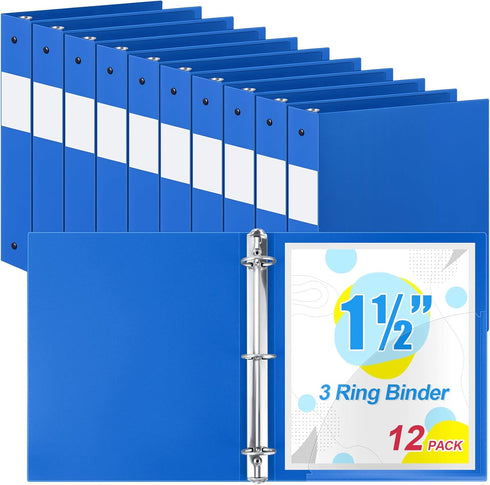 Henoyso 12 Pcs 1.5 Inch Plastic 3 Ring Binders, Flexible Binders for 8.5 x 11 Inch Paper (Blue)