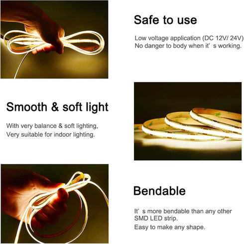 12V UniformLED Strips,16.4ft 4000K 90+,2400LEDs Dimmable COB LED Strip Lights DC LED Strip Flexible High Density