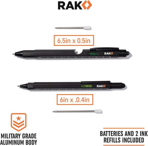 RAK Multi-Tool 2Pc Pen Set with LED Light, Touchscreen Stylus, Ruler, Level, and Screwdrivers
