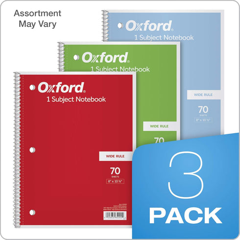 Oxford 1-Subject Notebooks, 8 x 10-1/2 Inch, Wide Rule, 70 Sheets, 3 Pack, Red, Blue, Green