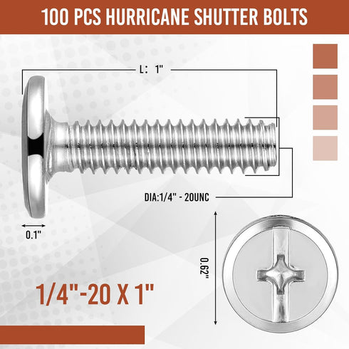 Blulu 100Pcs 1/4"-20 304 Doors(1/4"-20 1) Hurricane Shutter Bolts, Sidewalk Screws Bolts Truss Head Shutter Screws