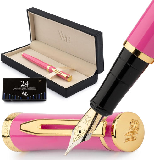 Wordsworth & Black Fountain Pen Set, Medium Nib, Includes 24 Ink Cartridges, Gift Case, Hot Pink