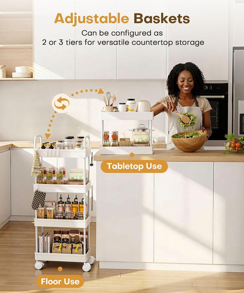4-Tier 37.4in 8 Homde Slim Rolling Cart for Kitchen: Space-Saving Narrow Floor Organizer - Tall Vertical Storage