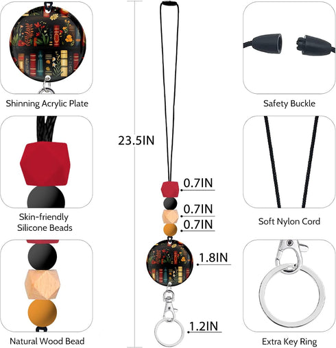 Bookshelf Flower Teacher Lanyards for ID Badges and Keys, Cute Silicone Beaded Breakaway Lanyard for Women Nurses