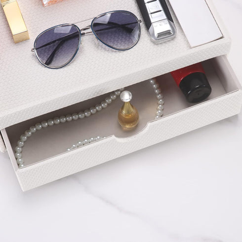 Leather Desk Organizer with Drawers, Home Cosmetics Organizer, Phone Remote Organizer, White