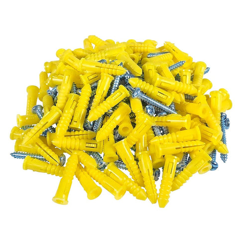 Ribbed Wall Anchors #4-#6 7/8-Inch, 100-Pack Yellow Plastic Anchors with Screws for Drywall/Concrete