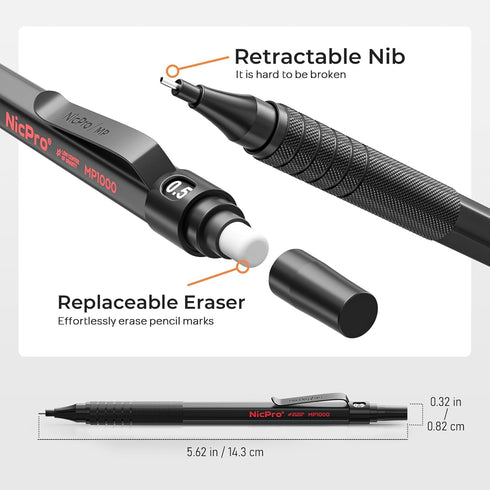 Nicpro 0.5 mm Mechanical Pencils Set with Case, 3 Metal Artist Pencils, 480PCS HB Lead Refills, 3 Erasers, Black
