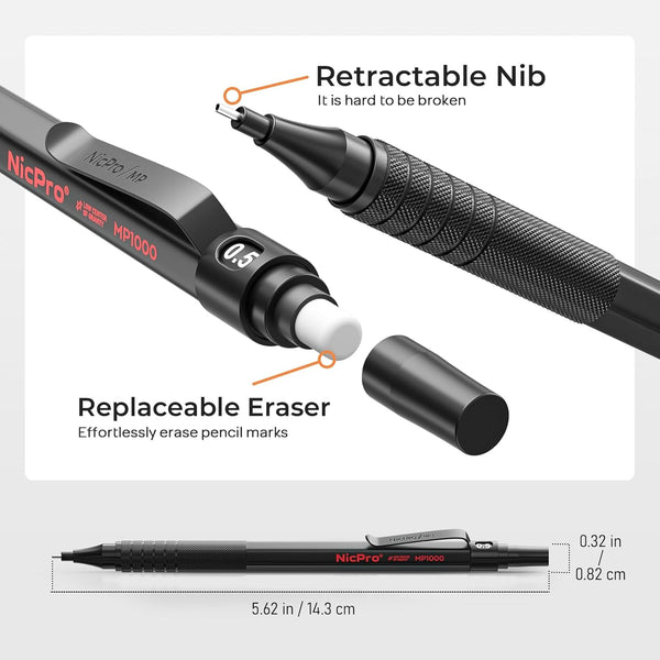 Nicpro 0.5 mm Mechanical Pencils Set with Case, 3 Metal Artist Pencils, 480PCS HB Lead Refills, 3 Erasers, Black