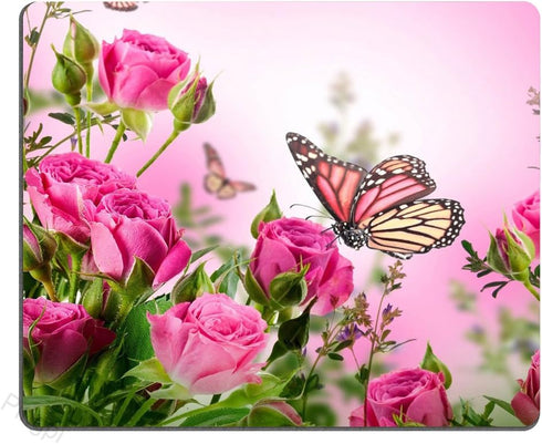 pingpi Pink Mouse Pad - Custom Flower Decor with Butterfly on Pink Rose, Non-Slip Rubber Design
