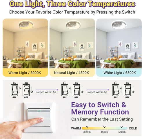 FAYOTAT 30W 3000K/4500K/6500K Nursery(15.75 Inch) Flush Mount Ceiling Light for Kids, Large Modern LED Ceiling Lights