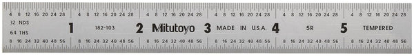 Mitutoyo 182-103 Steel Rule, 6" (5R), Satin Chrome Finish, Tempered Stainless Steel, 3/64" Thick