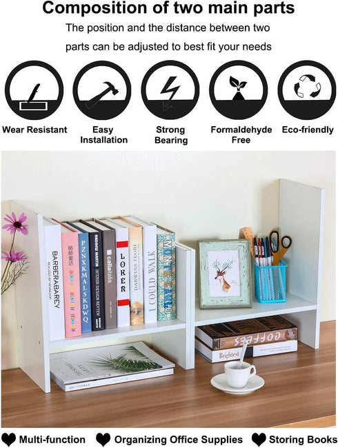 PAG Adjustable Desktop Shelf Wood Small Bookshelf Desk Supplies Organizers and Accessories Storage Display Rack Office