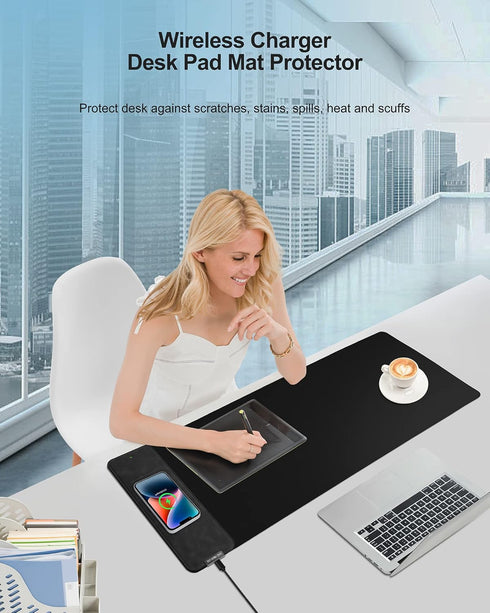 Mouse Pad with Wireless Charging, Black Long Desk Mat, Large Gaming Mouse Pad with Non-Slip Rubber Base