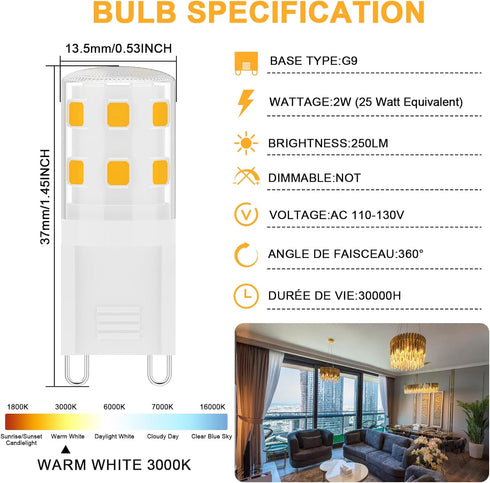 G9 LED Bulbs, 2W, 25W Halogen Equivalent, 250LM, 120V Mini T4 G9 Base, 3000K Warm White, 5 pcs
