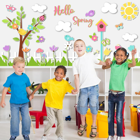 Whaline 116Pcs Spring Bulletin Board Decorations Set Colorful Tree Flower Bird Butterfly Cutouts