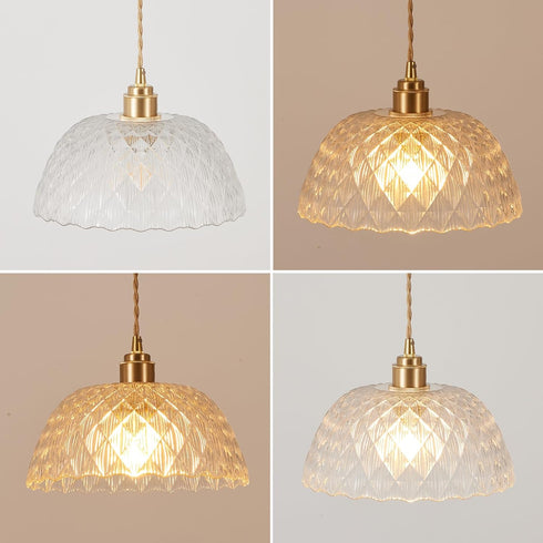 YJQHXY E26 6.56 Modern Textured Glass Pendant Light, Brass Hardwired Ceiling Hanging Light with FT Cord, Clear Dome