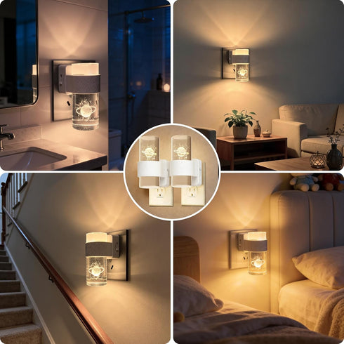 2pcs Dimmable Night Lights Plug Into Wall with Planet, LED Night Light Dusk to Dawn Sensor with Warm Lighting Auto