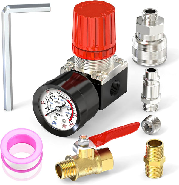 MEANLIN 1/4 Inch Air Compressor Regulator with Gauge, Inline 0-180 PSI for Air Compressor & Pneumatic Tools (Four-way