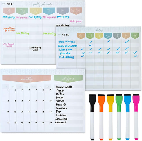 Okuna Outpost Magnetic Dry Erase Board, 12 x 9 in, Weekly Planner with 6 Magnetic Pens for Kitchen, Students