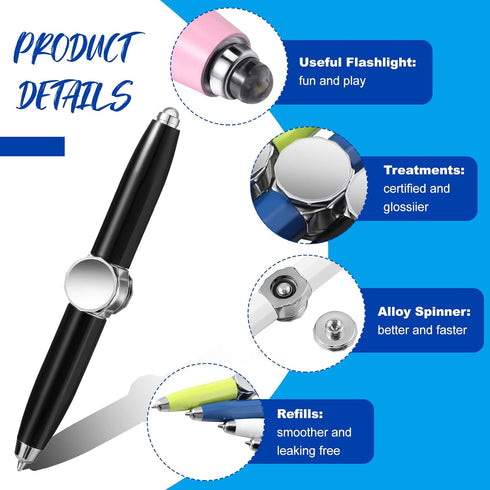 Meanplan 5 Pcs Pen with LED Light, Rotating Ballpoint Pen, Anti-Stress Gift for Business Adults, 4 Inches, 5 Colors
