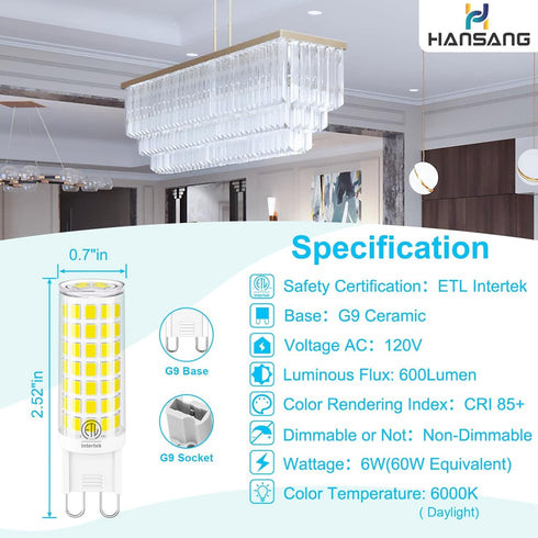 10-Pack G9 Bulbs 6000K 6W 60W 600LM T4 G9 Non-Dimmable hansang LED Daylight, Equivalent, Warm White Crystal Chandelier