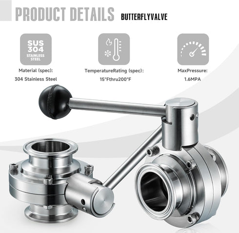 Leingar 2 Pack 1Inch 304 1" Beverage(1" Tri Clamp Butterfly Valve, Sanitary Stainless Steel Manual Pull Handle Valve