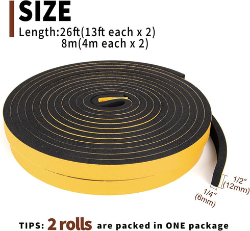 Yotache Weather Stripping Door Seal Strip 1/2" x 1/4", 2 Rolls x 13Ft, 26Ft Total Adhesive Foam Tape