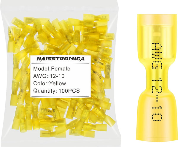 haisstronica 100pcs Yellow Heat Shrink Female Spade Connectors, 12-10 Gauge Insulated Electrical Crimp Terminals