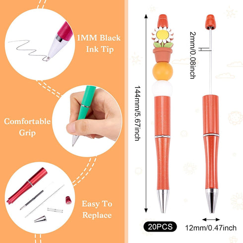 Beadthoven 20pcs Plastic Beadable Pen, Bead Ballpoint Pen Shaft Black Ink Bead Pens for DIY Pen Decorations Supplies Office School Halloween (Orange) by BB Beadthoven