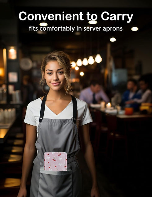 Zreal Cute Server Book for Waitress, Waiter Book with Zipper and Magnetic Pocket, Cherry & Bow Print Serving Book