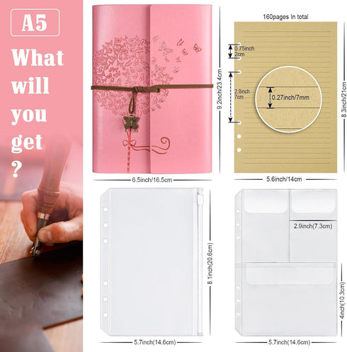OMEYA Leather Journal Notebook, Refillable Writing Journal Diary Planner for Women Girls (Pink, A5-9.3''×6.3'') by OMEYA