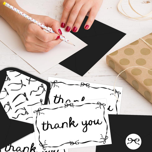 Quera 24 6 4 Inches Pcs Black Bow Thank You Cards Greeting Cards with Envelope for Baby Shower Invitations Bridal