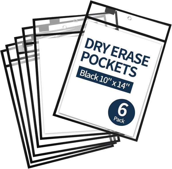 Ufamrine 6 Pcs Dry Erase Pockets Sleeves Black, Job Ticket Holders (10"
