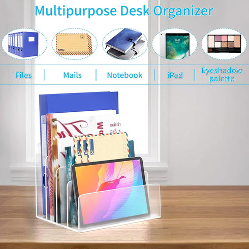 Clear Acrylic File Organizer, 4 Sections File Holder Sorter for Office Desk, Mail Letter Book Electronics Makeup