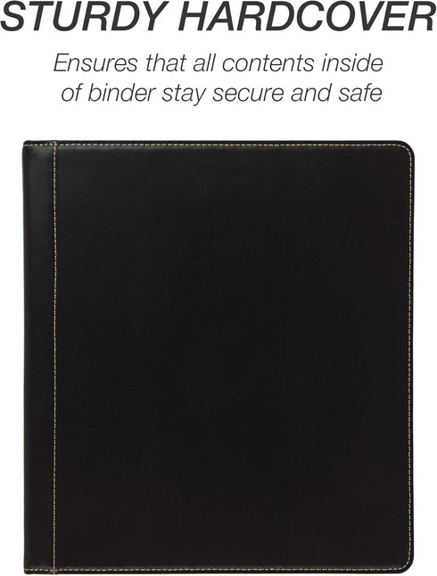 Samsill 1.5 Inch 3 Ring Binder, Black Leather with Contrast Stitching, 8.5 x 11 Inch, Notebook Binder, Portfolio