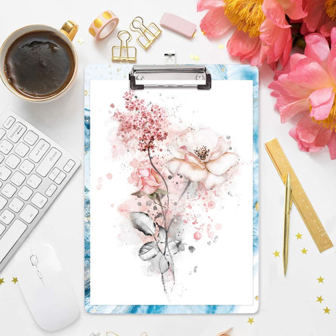 WAVEYU Cute Blue Clipboard, Letter Size with Low Profile Clip, Retractable Key Hole for Hanging Paperboard (Teal Marble)
