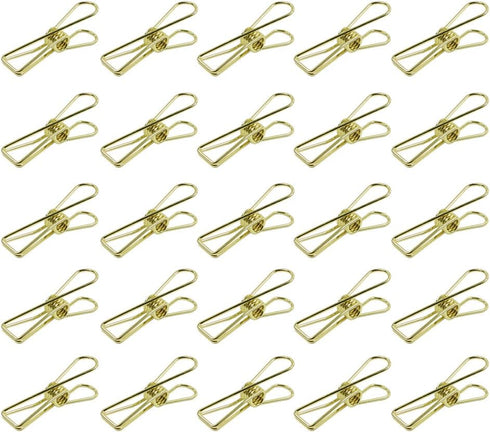 Pack of 25 Gold Small Metal Clips - Multi-Purpose Utility Clothesline Clips