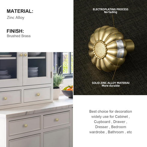 Yanxia 6 Pack Elegant Golden Bloom Brushed Brass Cabinet Knobs, Drawer Pulls for Kitchen, Dresser Cabinet Hardware for Bedroom, 1-1/4 Inches Diameter Handles