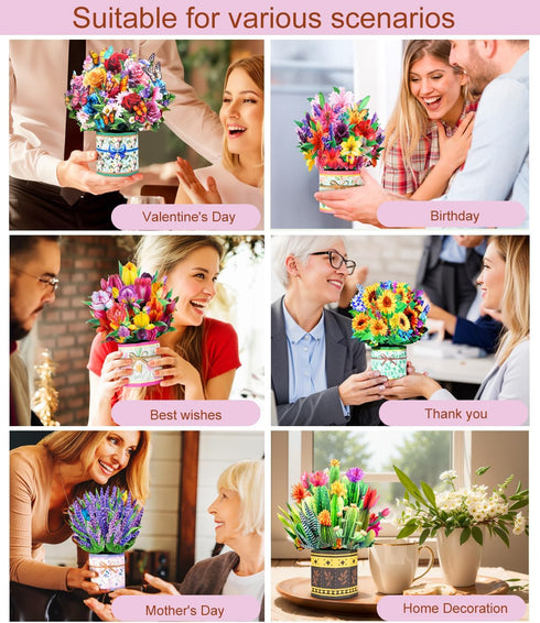Set 6 3D Pop Up Flower Bouquet Card for Women Unique Floral Designs with Envelopes & Separate Blank Note Cards, Forever