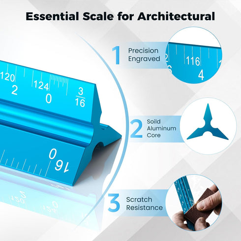 Rena Chris Architectural Scale Ruler: 12" Imperial Aluminum Alloy Metal for Architecture Measuring Tools & Drafting