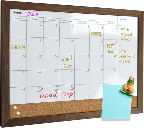 Whiteboard Calendar & Corkboard, 10.5" x 14.5", Rustic Brown Framed Combination Dry Erase White Board & Bulletin Board