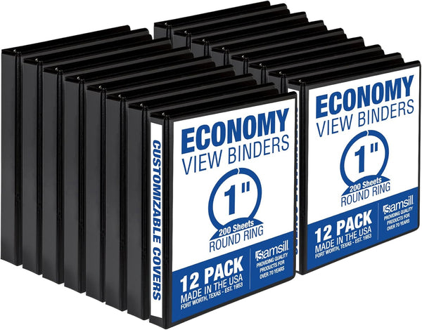 Samsill Economy 1 Inch 3 Ring Binder, Customizable Clear View Cover, Black, 12 Pack