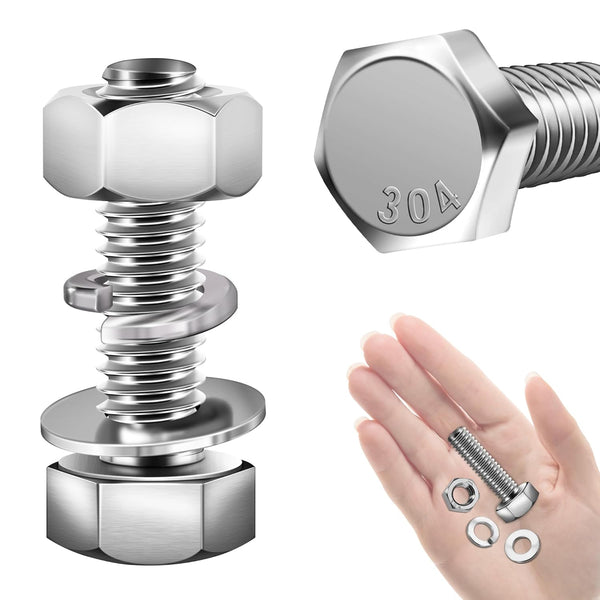 Hex Head Stainless Steel Bolts and Nuts (8 Sets) 3/8-16x1-1/4" with Flat & Lock Washers, 304 Stainless Steel 18-8