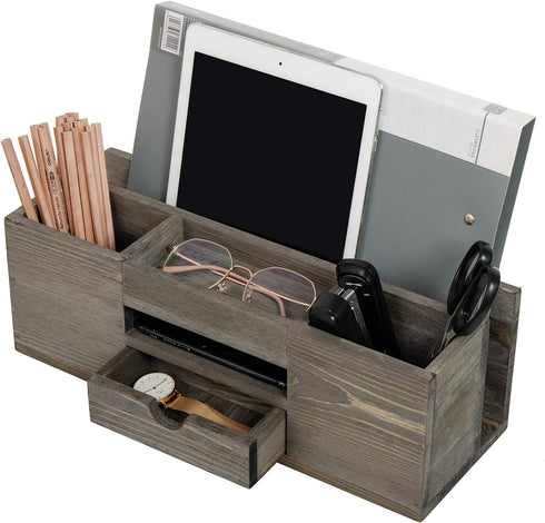 Liry Products Brown Wooden Desktop Organizer with Multiple Compartments, Rack Shelf for Office Supplies