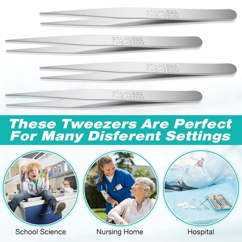 10 Pcs Stainless Steel Tweezers, Long Tweezers with Flat Round Tip for Hair Removal and Electrical Repair